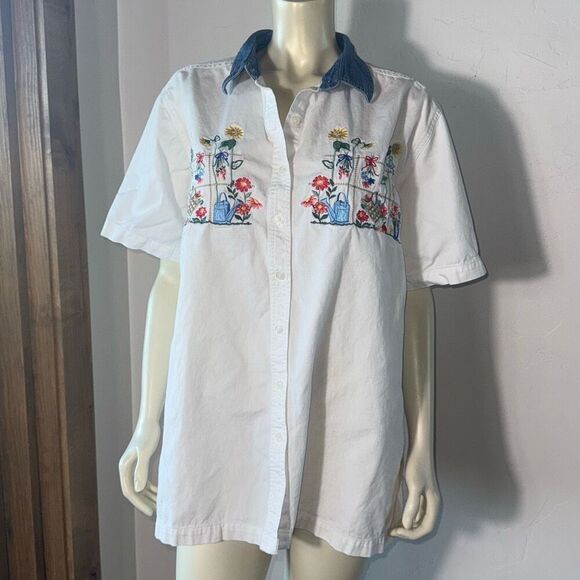 Vintage Bobbie Brooks White Embroidered Denim Button Down Shirt Jean Collar Flow - Picture 6 of 8